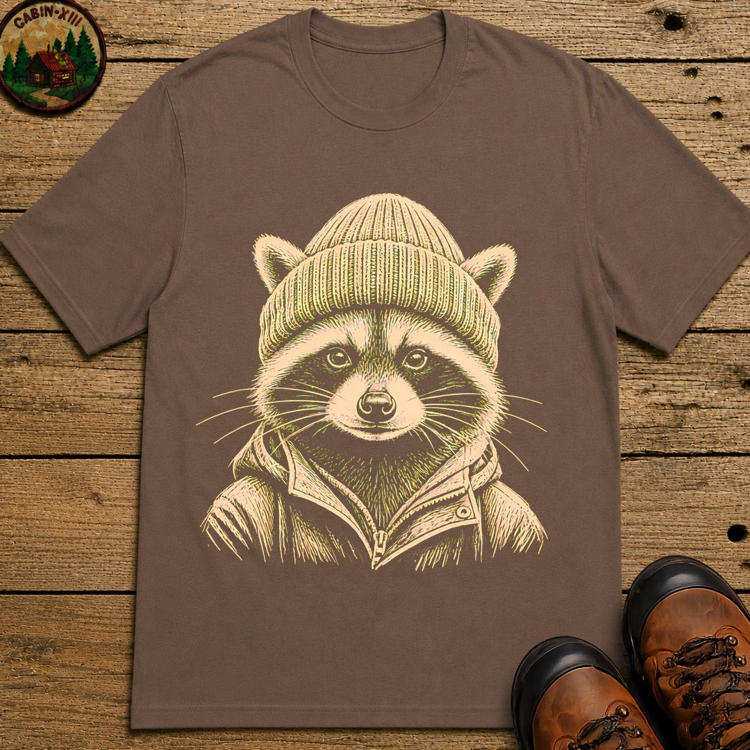 Raccoon With A Beenie T-Shirt - Espresso
