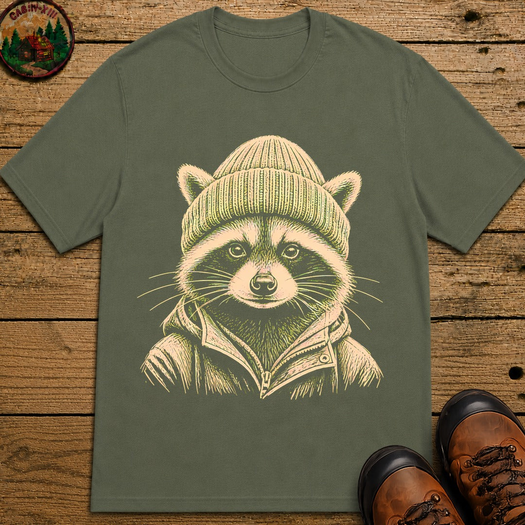 Raccoon With A Beenie T-Shirt - Moss