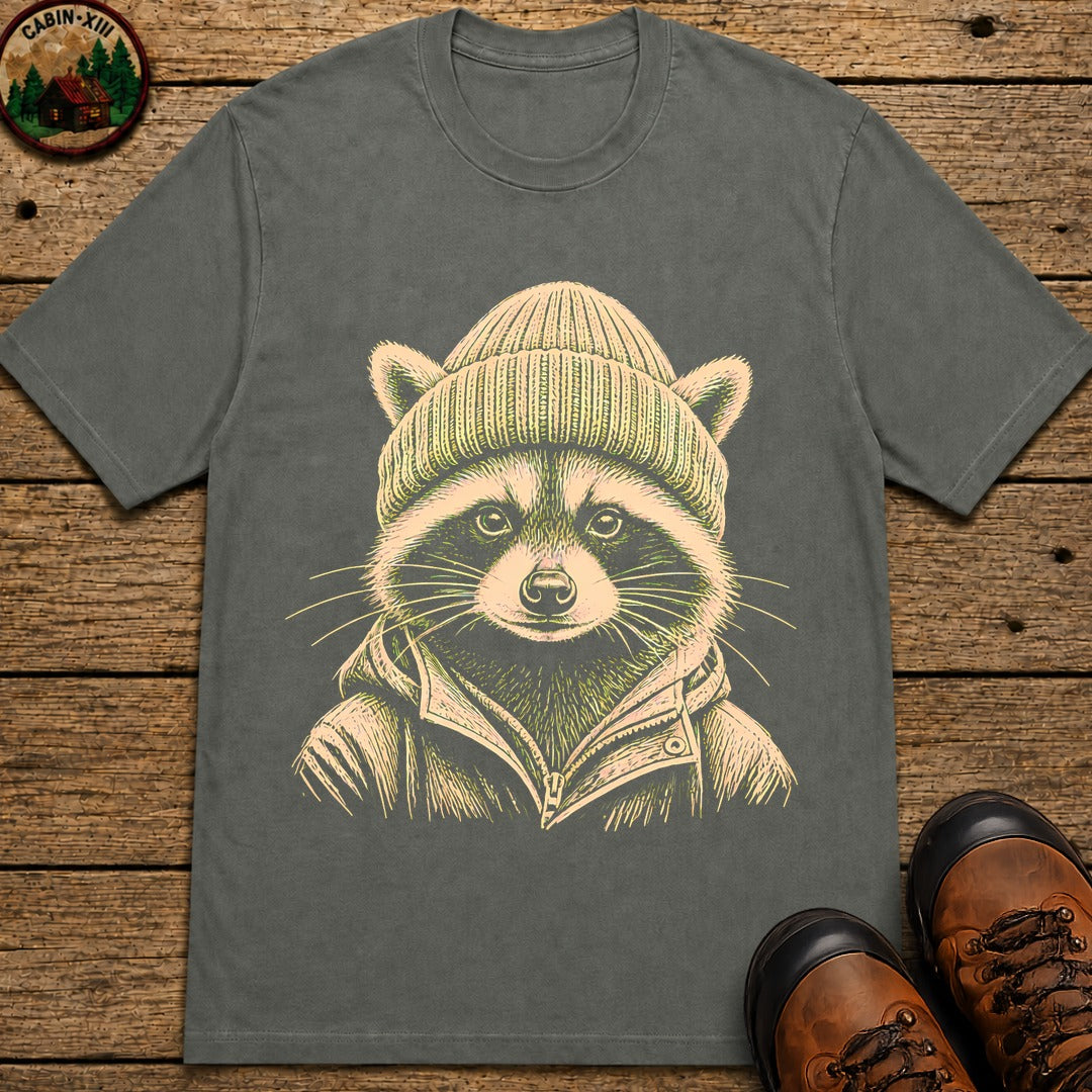 Raccoon With A Beenie T-Shirt - Pepper