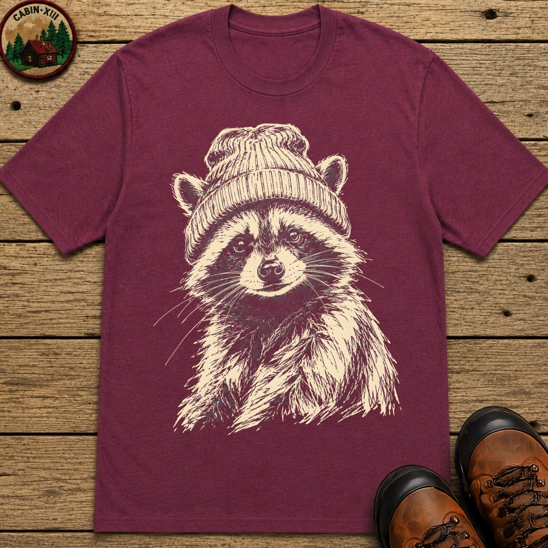 Raccoon in a Beanie — Vintage Sketch Wildlife Outdoor Tee - Berry