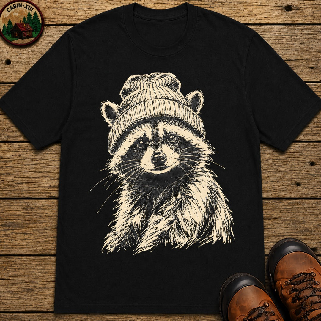Raccoon in a Beanie — Vintage Sketch Wildlife Outdoor Tee - Black