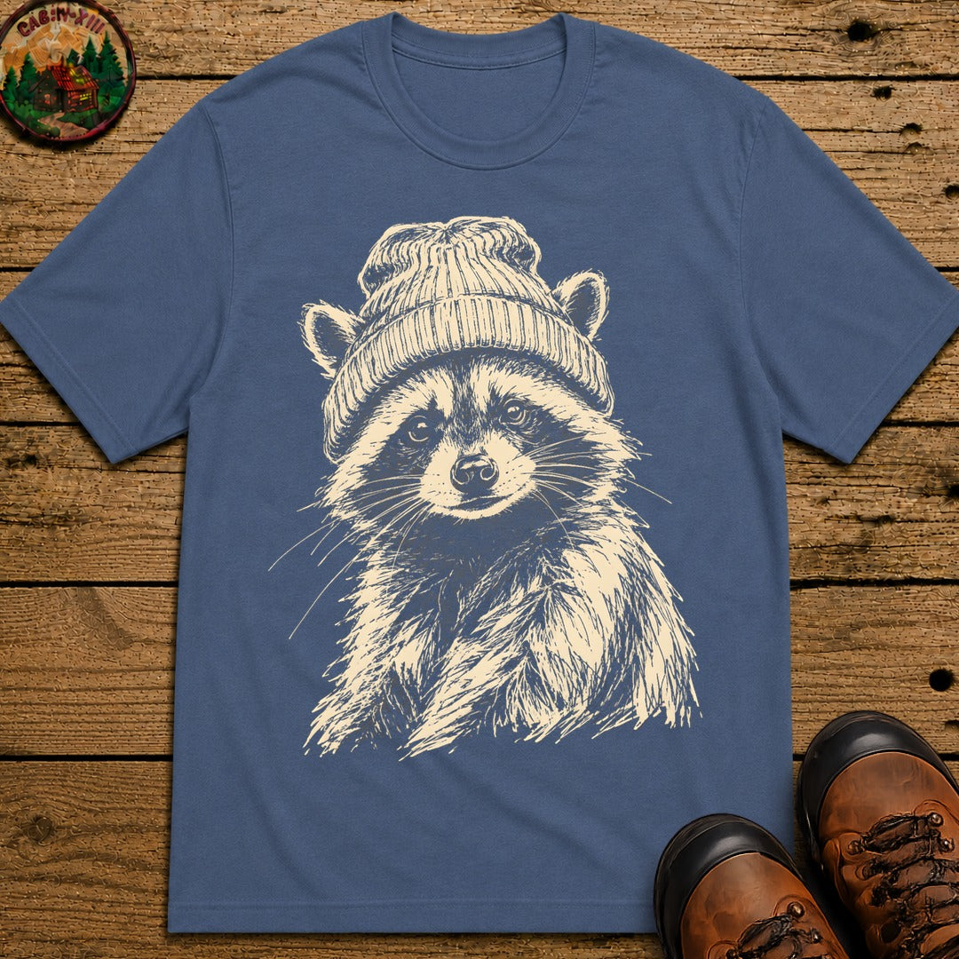 Raccoon in a Beanie — Vintage Sketch Wildlife Outdoor Tee - Blue Jean