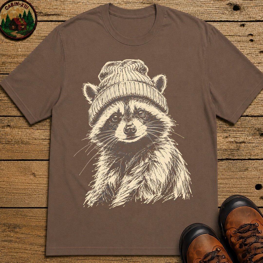 Raccoon in a Beanie — Vintage Sketch Wildlife Outdoor Tee - Espresso