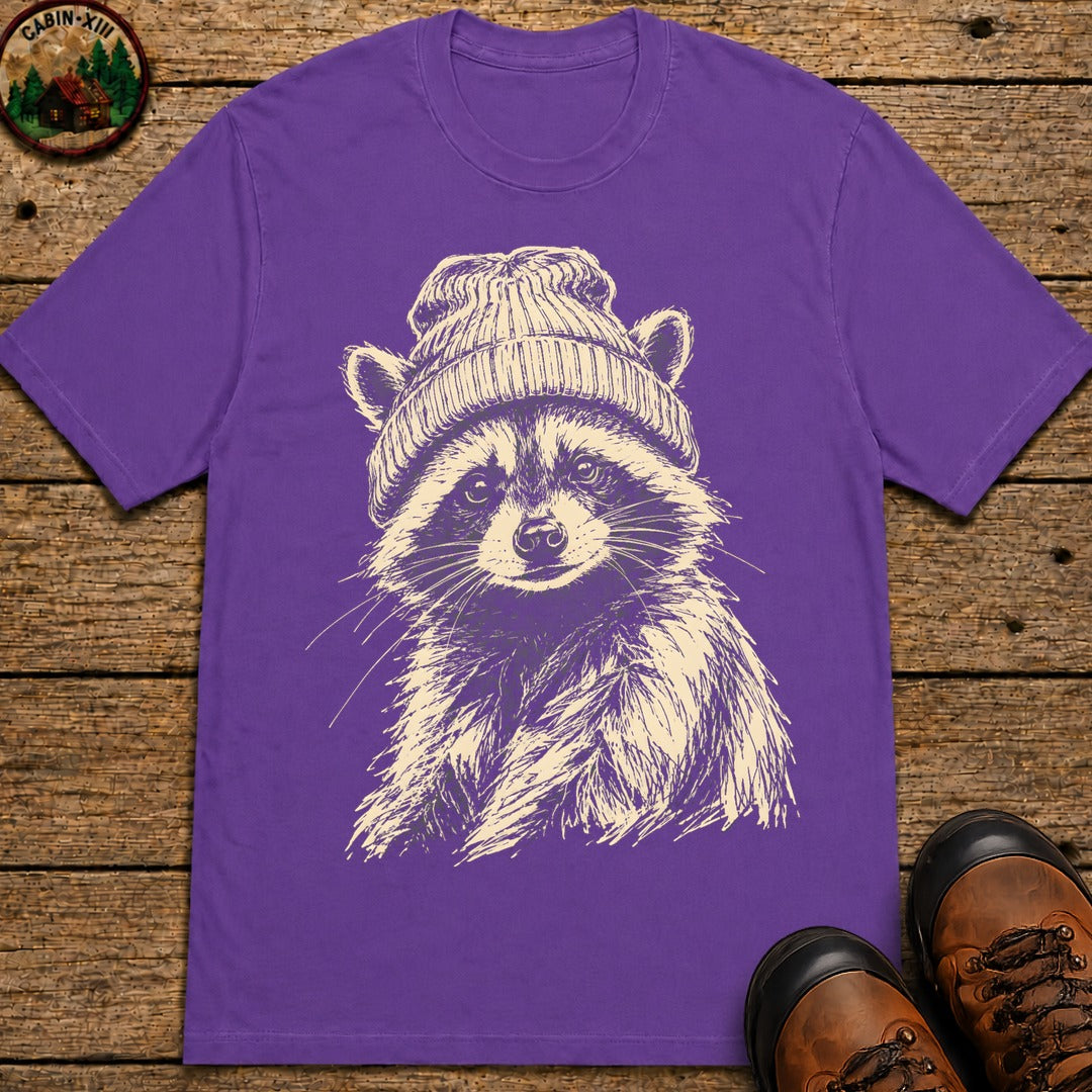 Raccoon in a Beanie — Vintage Sketch Wildlife Outdoor Tee - Grape