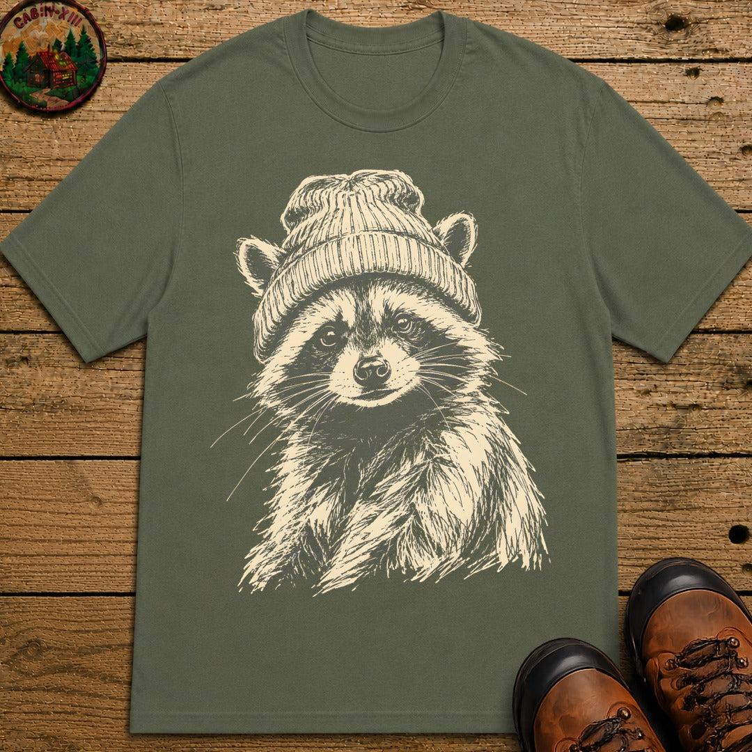 Raccoon in a Beanie — Vintage Sketch Wildlife Outdoor Tee - Moss
