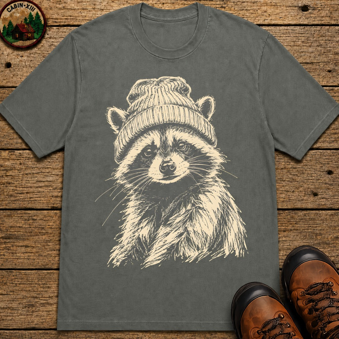 Raccoon in a Beanie — Vintage Sketch Wildlife Outdoor Tee - Pepper