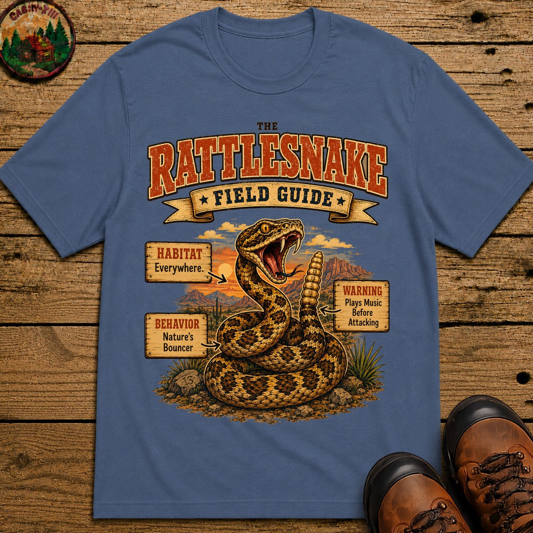 Rattlesnake Field Guide - Plays Music Before Attacking Tee - Blue Jean