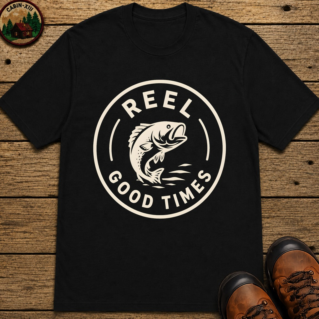 Reel Good Times — Vintage Fishing Badge Tee - Black