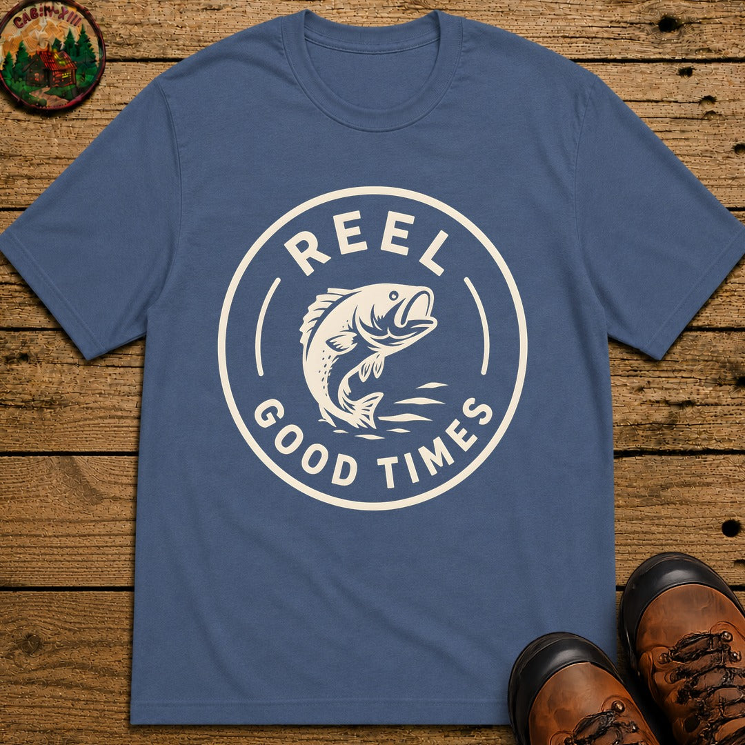 Reel Good Times — Vintage Fishing Badge Tee - Blue Jean
