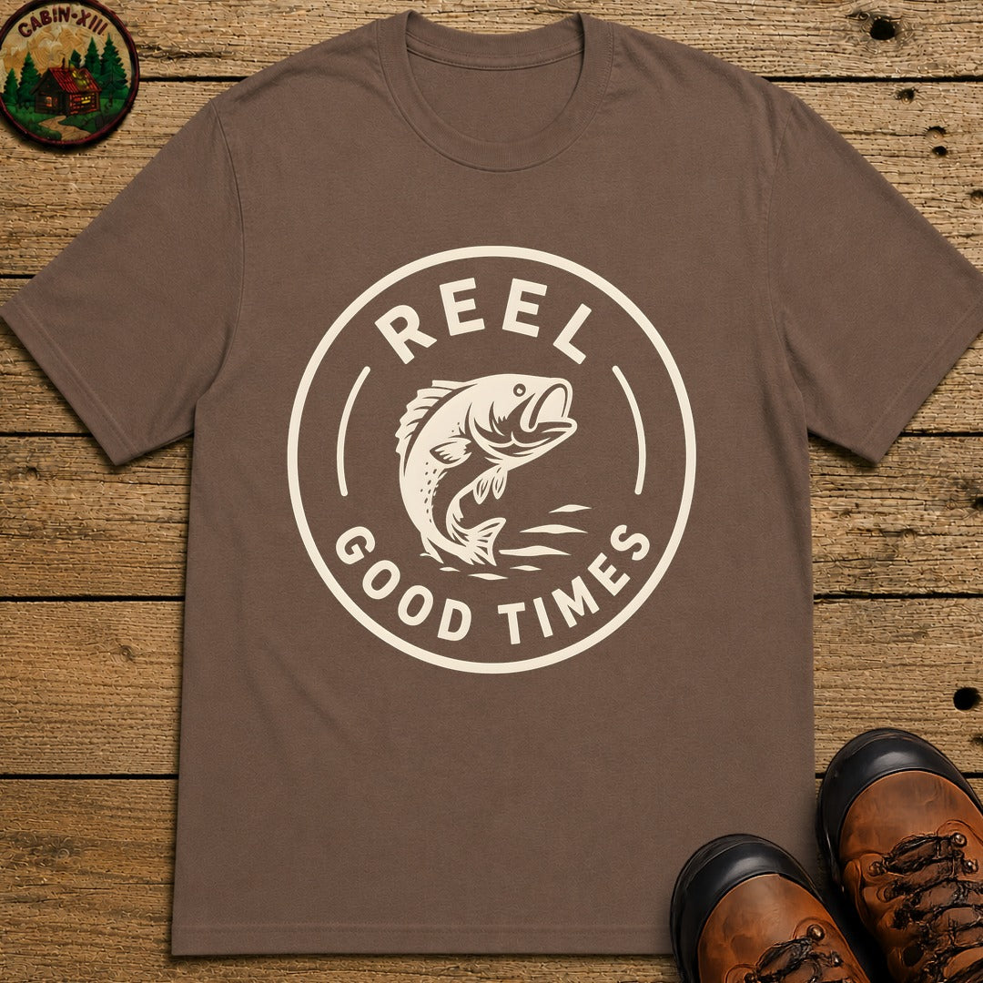 Reel Good Times — Vintage Fishing Badge Tee - Espresso