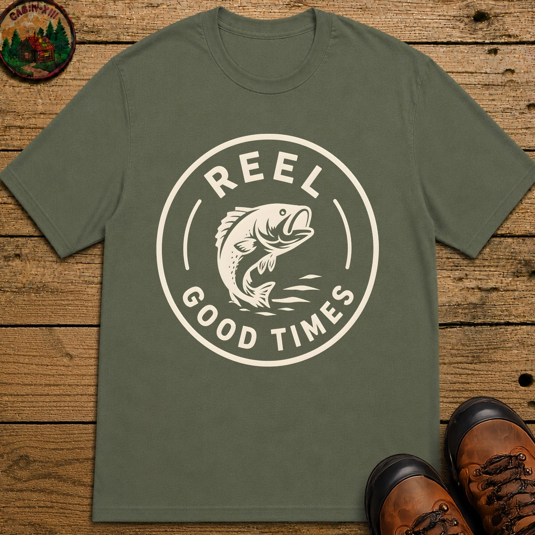 Reel Good Times — Vintage Fishing Badge Tee - Moss