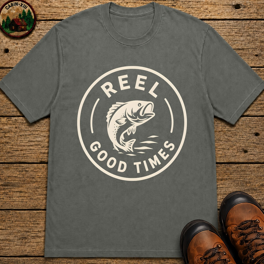 Reel Good Times — Vintage Fishing Badge Tee - Pepper