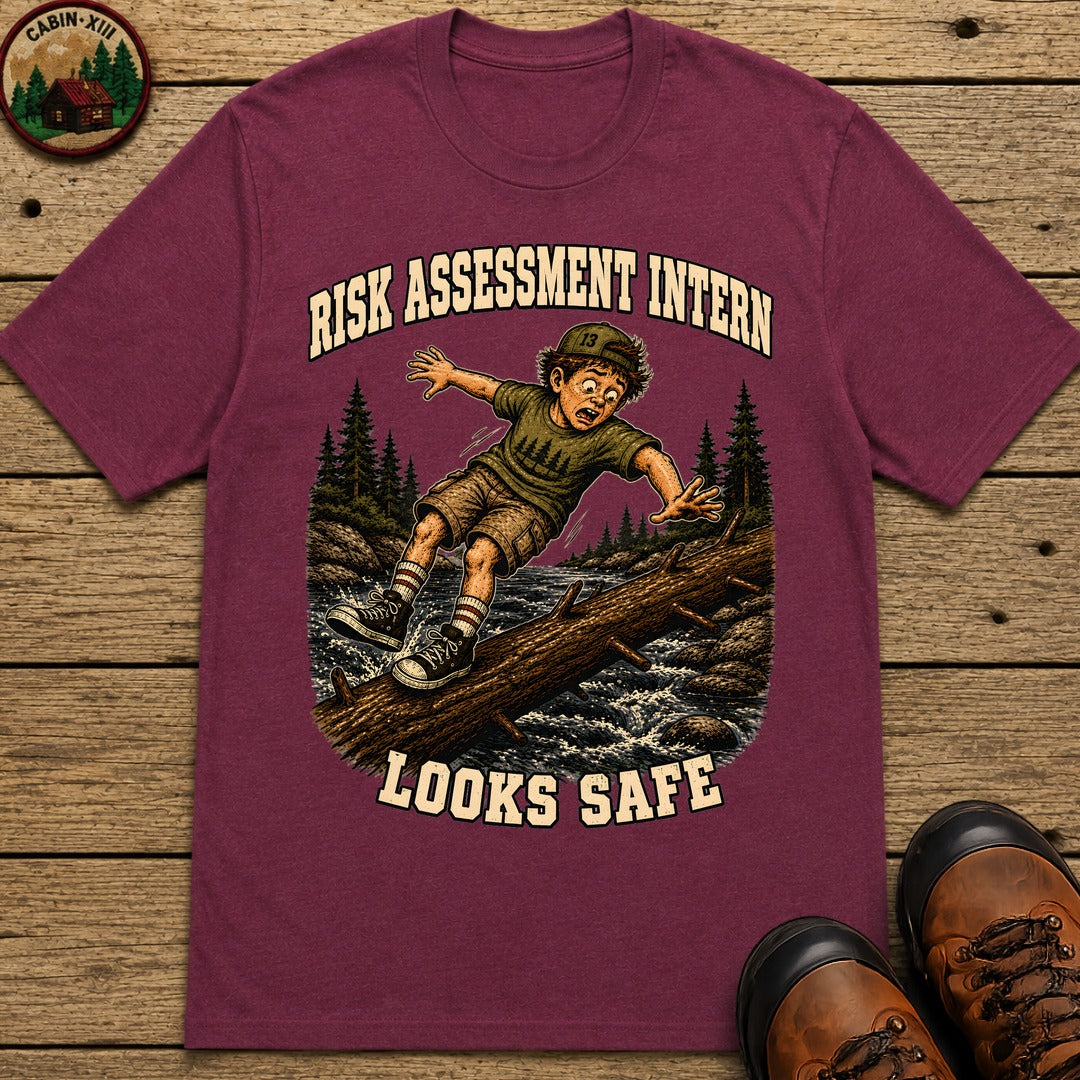 Risk Assessment Intern Looks Safe — Funny Camping Humor Tee - Berry
