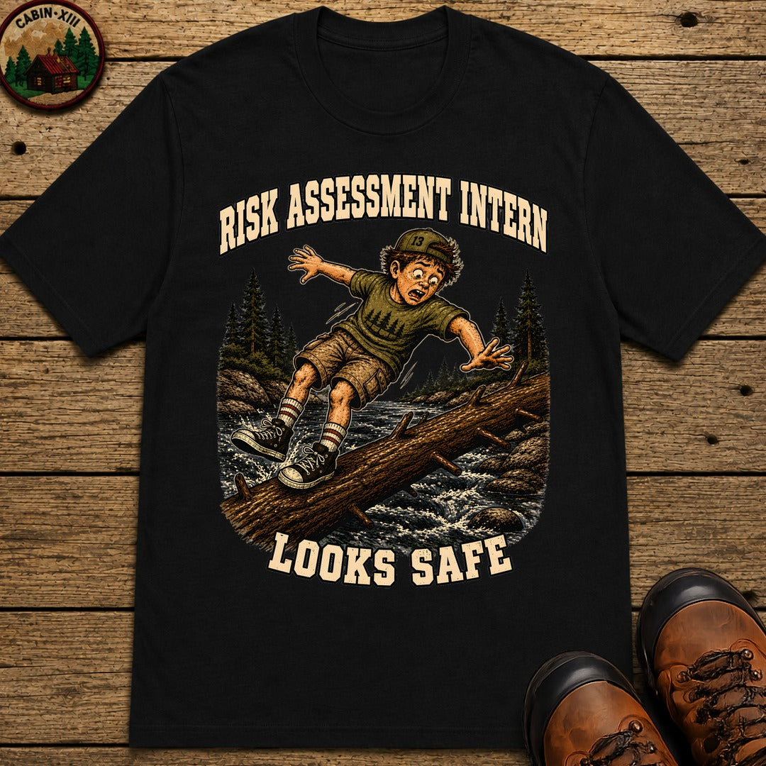 Risk Assessment Intern Looks Safe — Funny Camping Humor Tee - Black