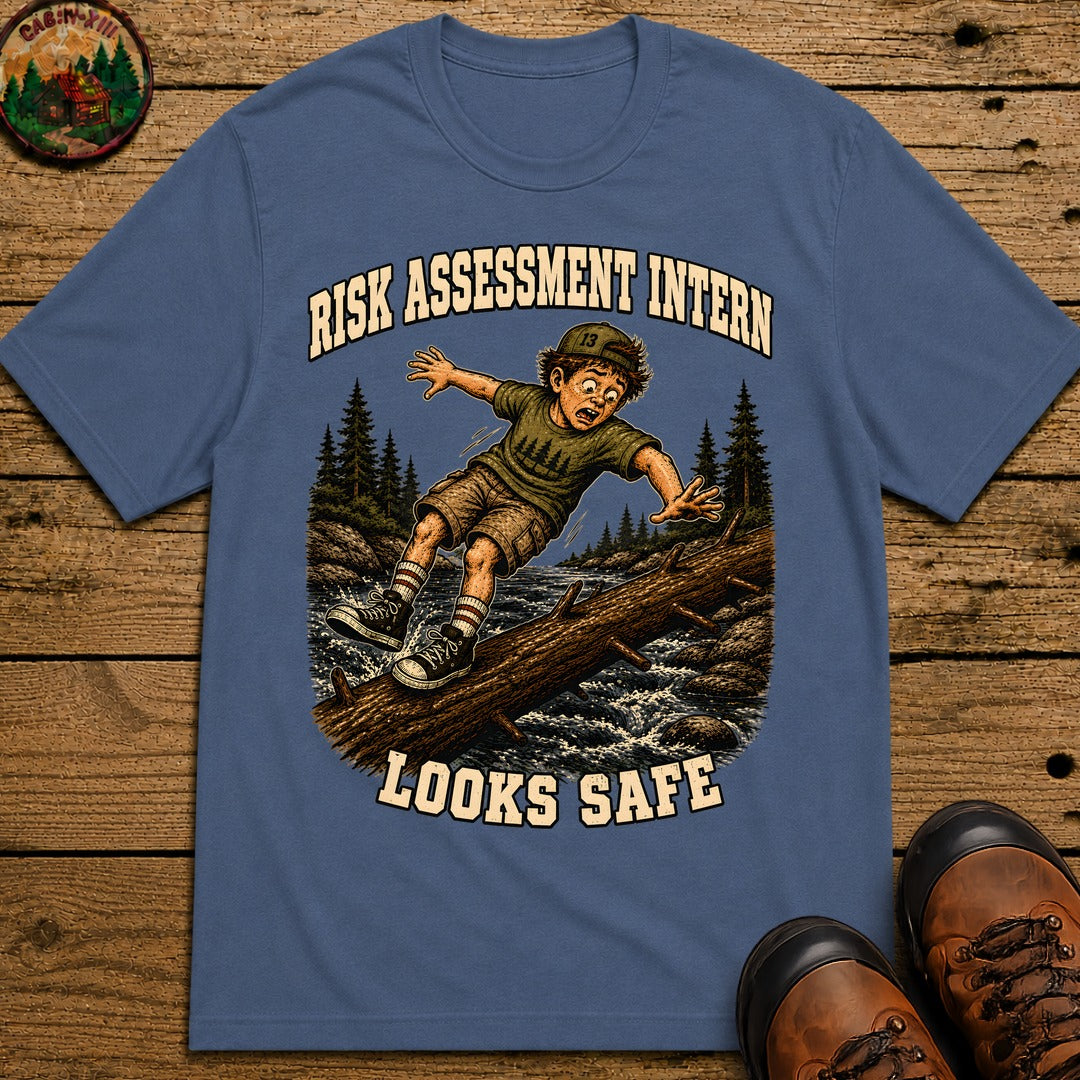 Risk Assessment Intern Looks Safe — Funny Camping Humor Tee - Blue Jean