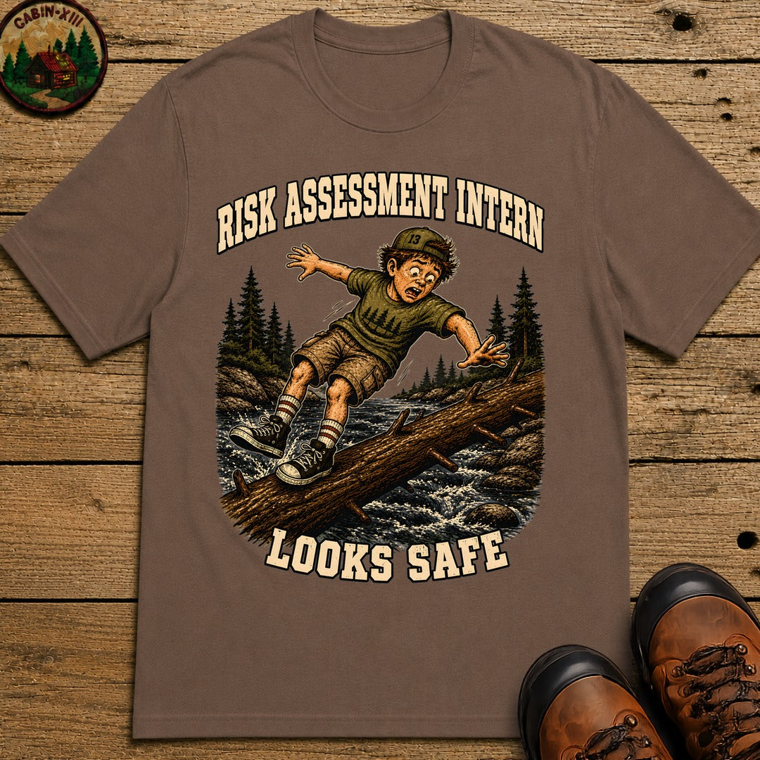Risk Assessment Intern Looks Safe — Funny Camping Humor Tee - Espresso