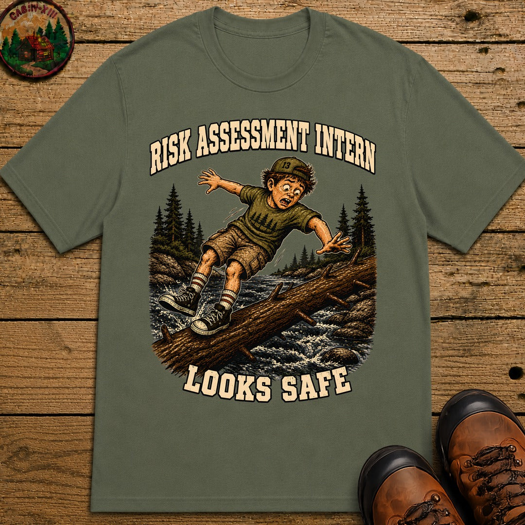 Risk Assessment Intern Looks Safe — Funny Camping Humor Tee - Moss