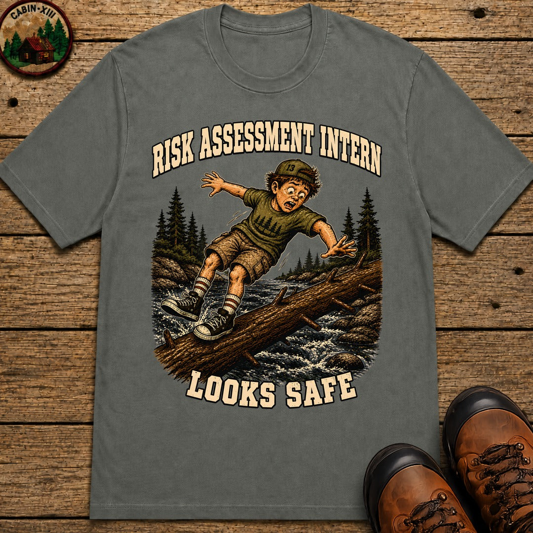 Risk Assessment Intern Looks Safe — Funny Camping Humor Tee - Pepper