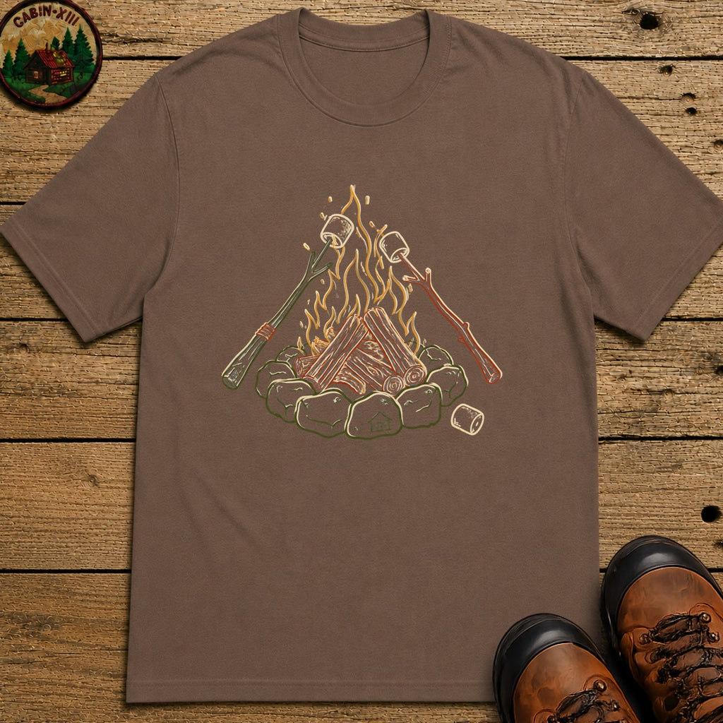 Roasing Marshmallows Line Art T-Shirt - Espresso
