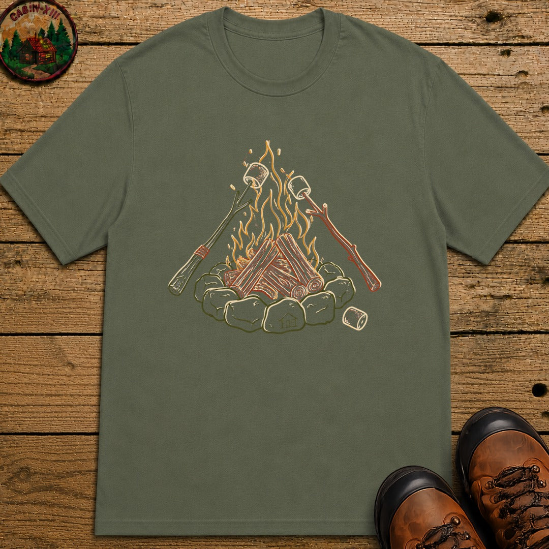Roasing Marshmallows Line Art T-Shirt - Moss