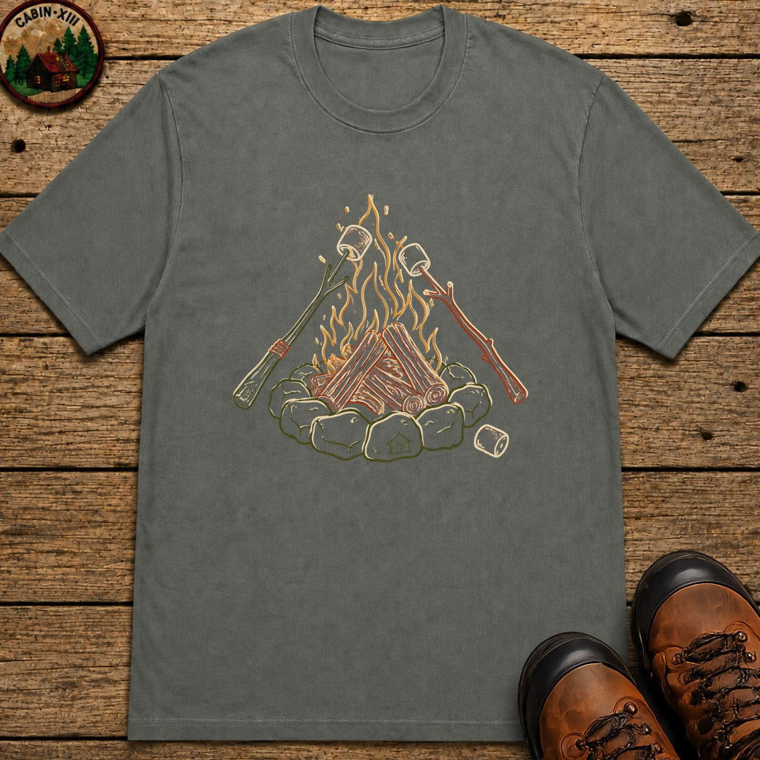 Roasing Marshmallows Line Art T-Shirt - Pepper