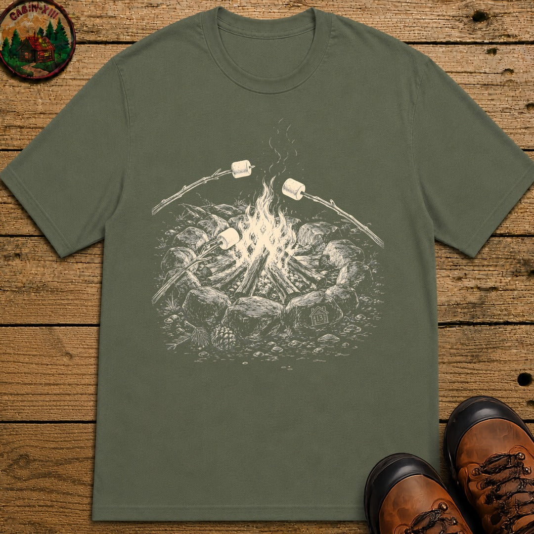 Roasting Marshmallows Sketch T-Shirt - Moss