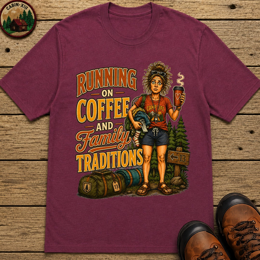 Running on Coffee and Family Traditions — Camping Humor Tee - Berry
