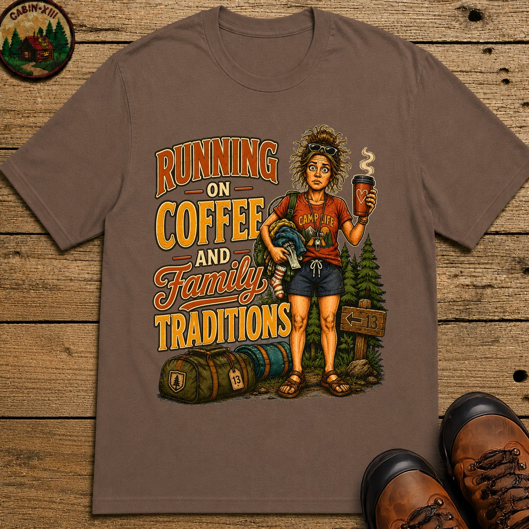 Running on Coffee and Family Traditions — Camping Humor Tee - Espresso