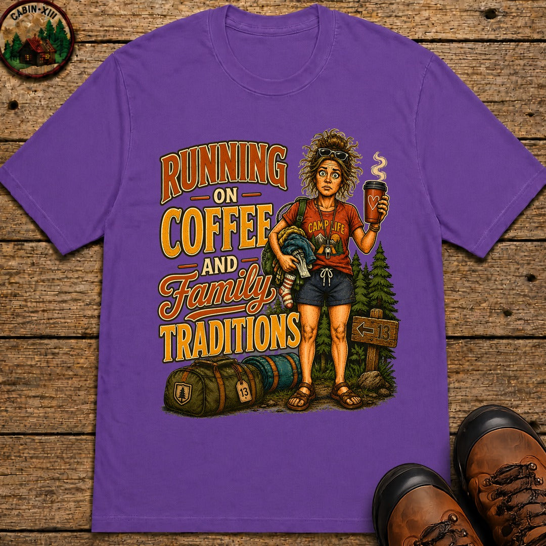 Running on Coffee and Family Traditions — Camping Humor Tee - Grape