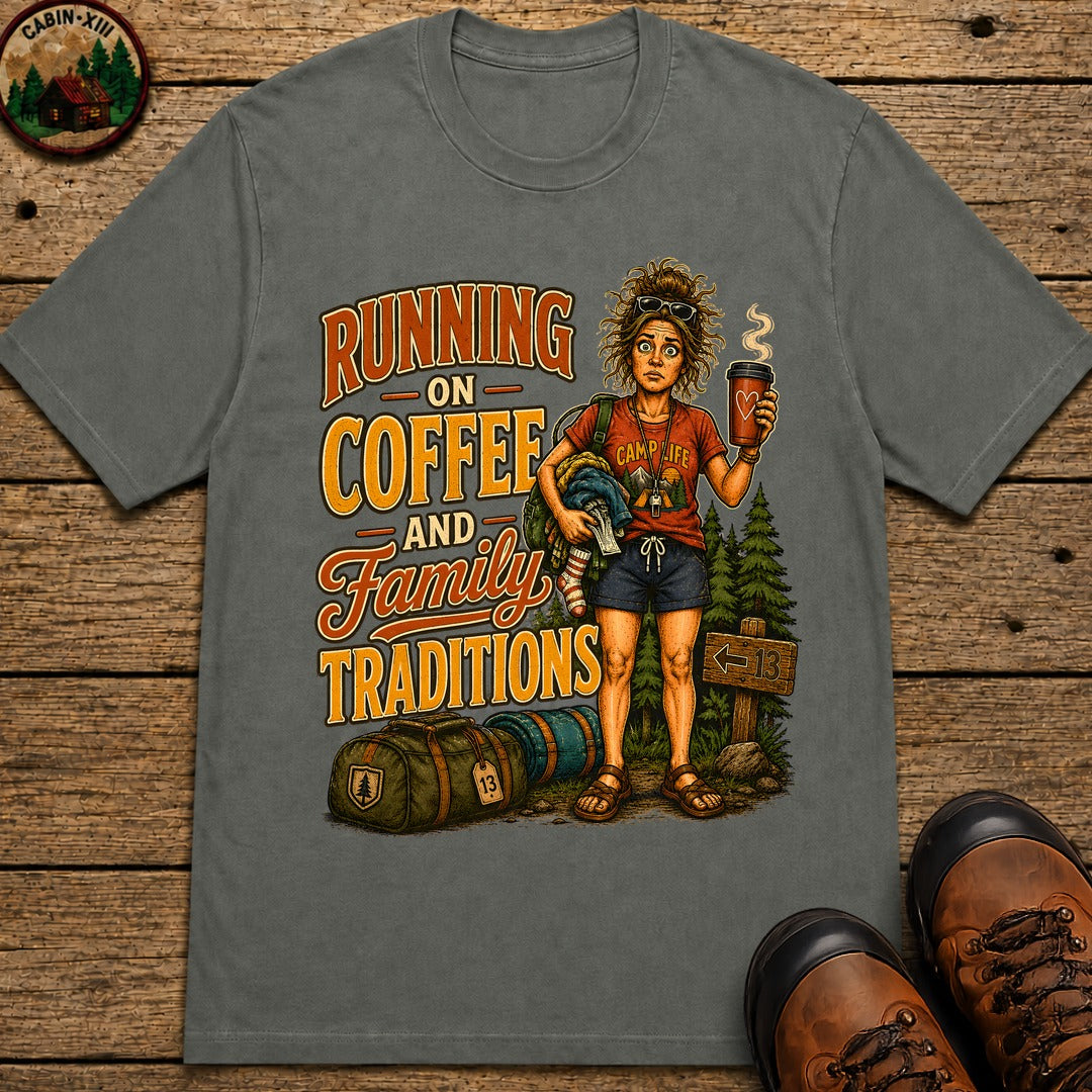 Running on Coffee and Family Traditions — Camping Humor Tee - Pepper
