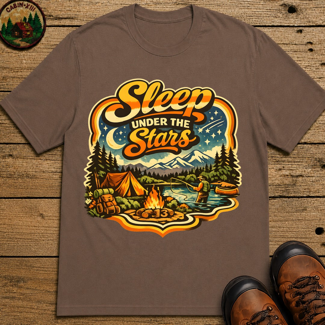 Sleep Under the Stars — Retro Camping and Fishing Tee - Espresso