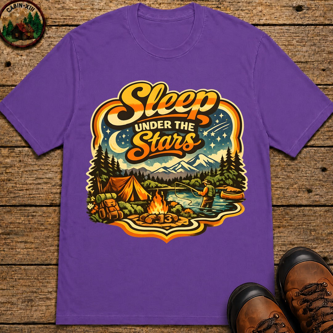 Sleep Under the Stars — Retro Camping and Fishing Tee - Grape