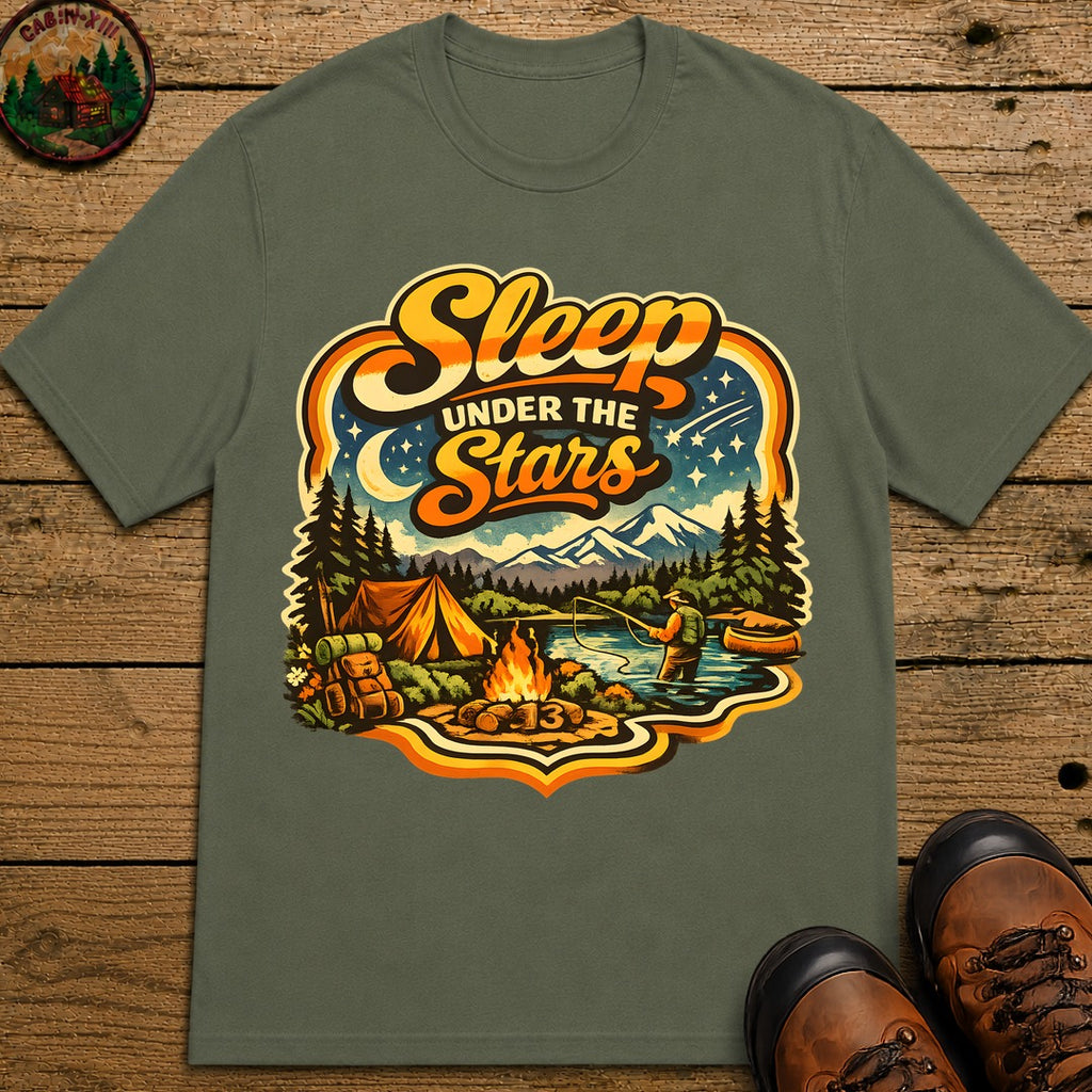 Sleep Under the Stars — Retro Camping and Fishing Tee - Moss