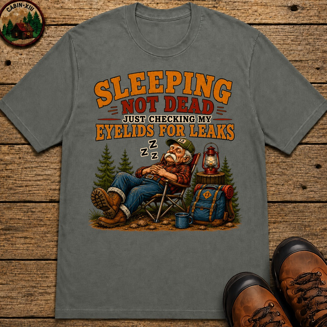 Sleeping Not Dead Just Checking the Eyelids for Leaks Funny Tee - Pepper
