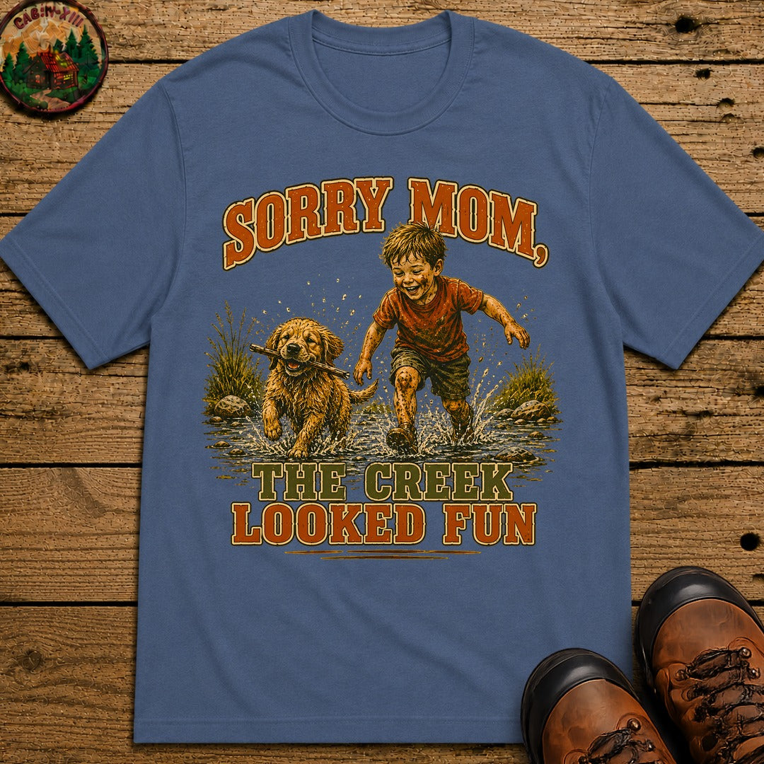 Sorry Mom The Creek Looked Fun — Vintage Camping Humor Tee - Blue Jean