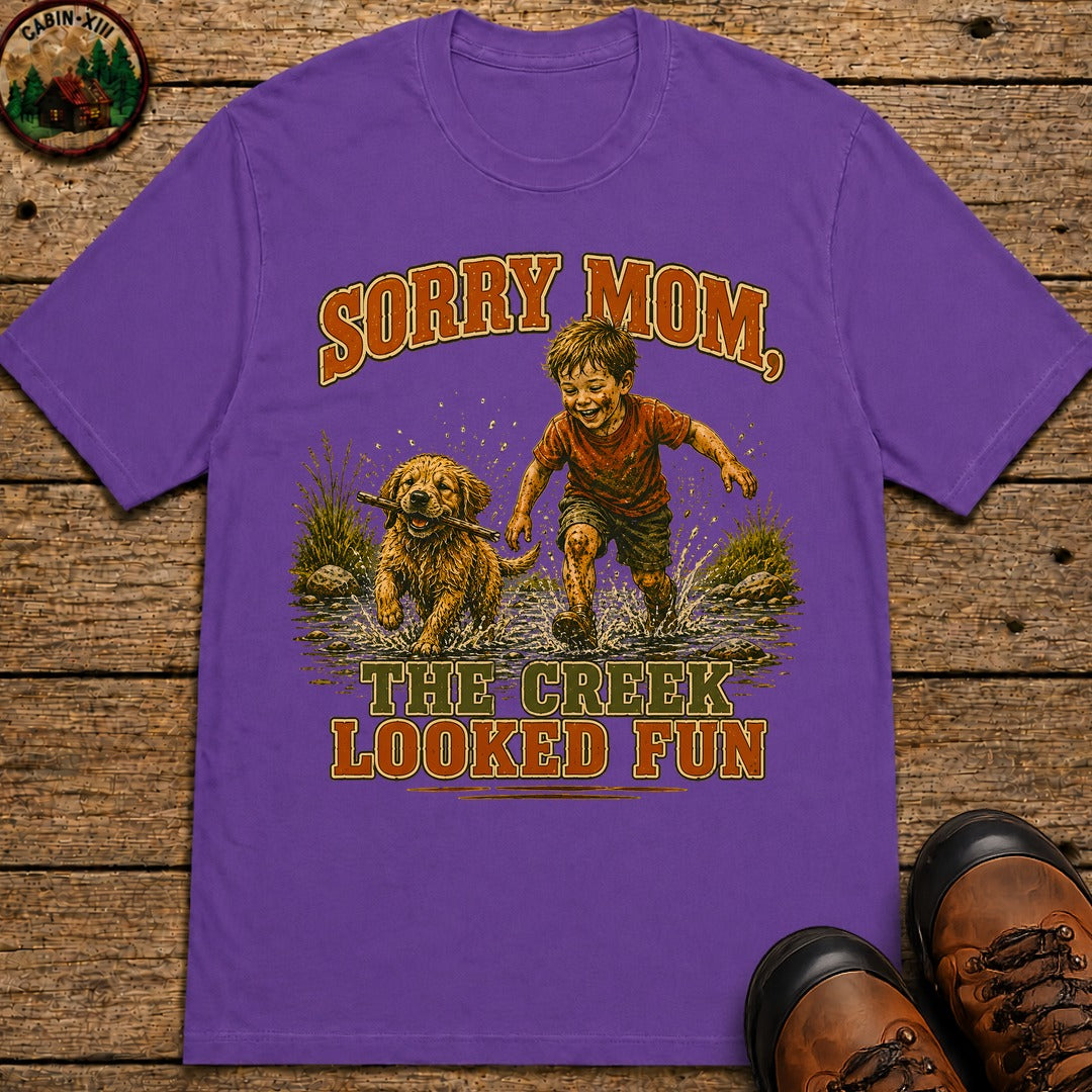Sorry Mom The Creek Looked Fun — Vintage Camping Humor Tee - Grape