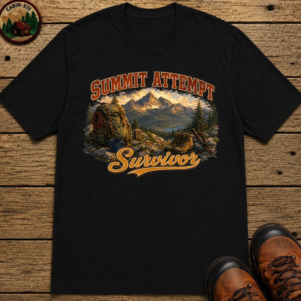 Summit Attempt Survivor Mostly Voluntary — Funny Hiking Tee - Black