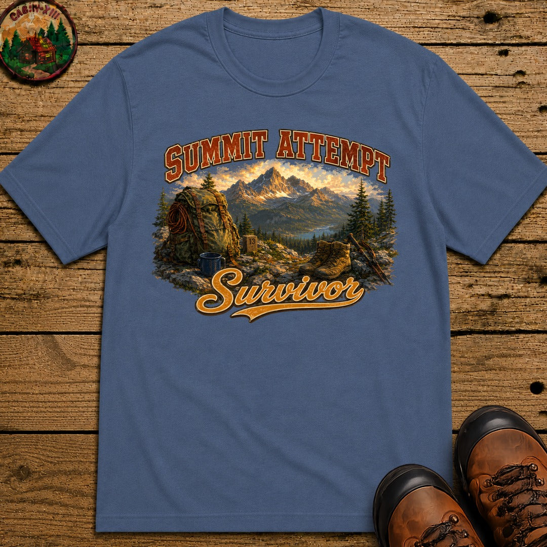 Summit Attempt Survivor Mostly Voluntary — Funny Hiking Tee - Blue Jean