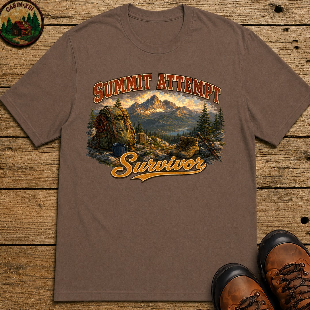 Summit Attempt Survivor Mostly Voluntary — Funny Hiking Tee - Espresso