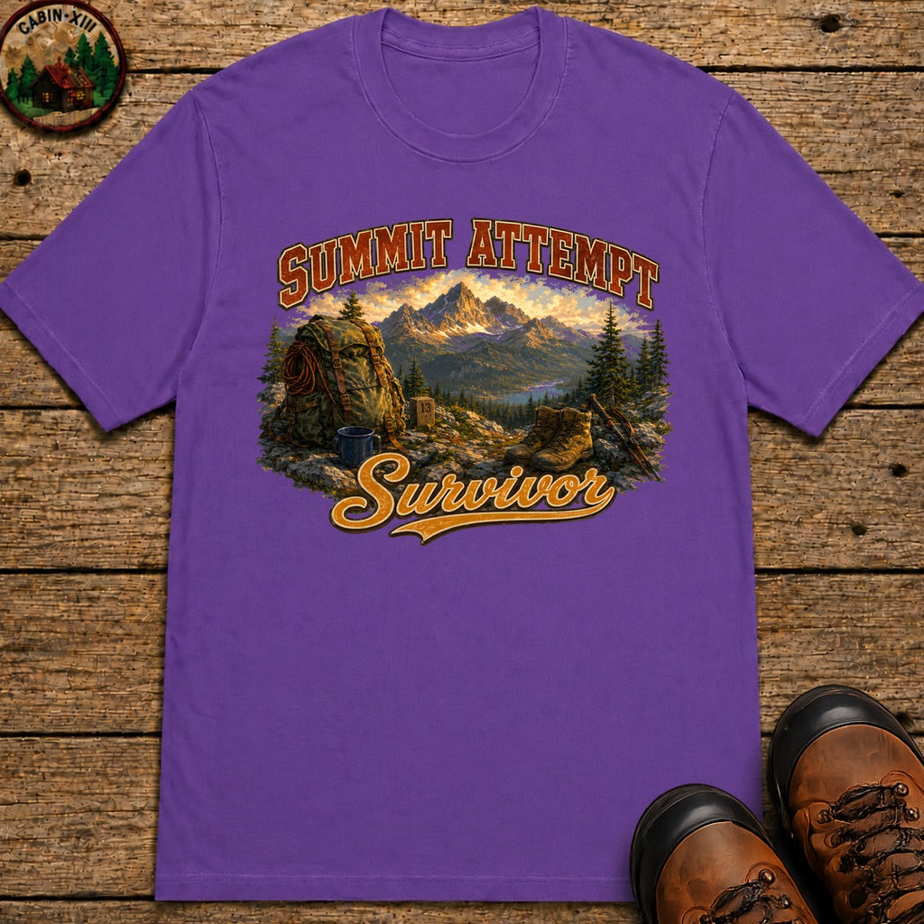 Summit Attempt Survivor Mostly Voluntary — Funny Hiking Tee - Grape