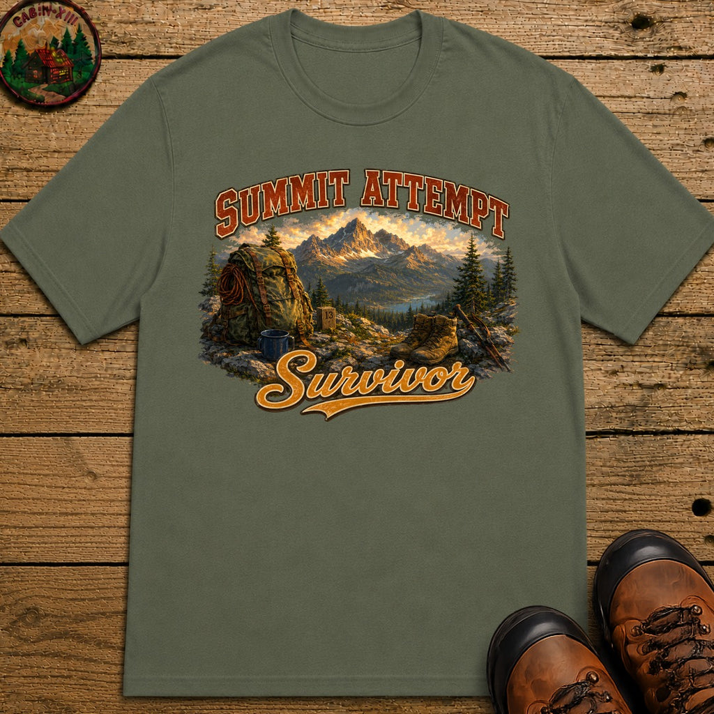 Summit Attempt Survivor Mostly Voluntary — Funny Hiking Tee - Moss