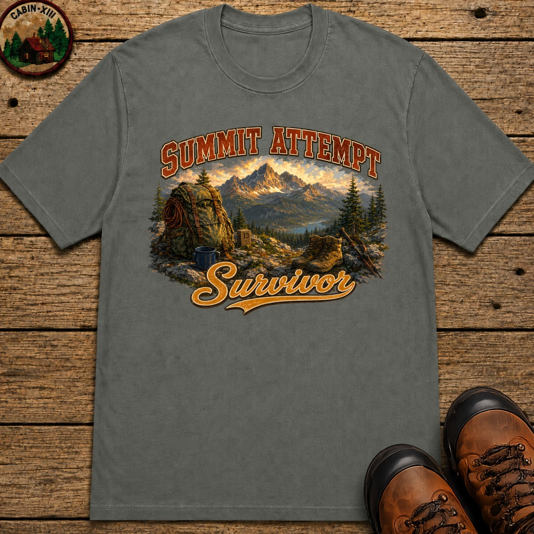Summit Attempt Survivor Mostly Voluntary — Funny Hiking Tee - Pepper