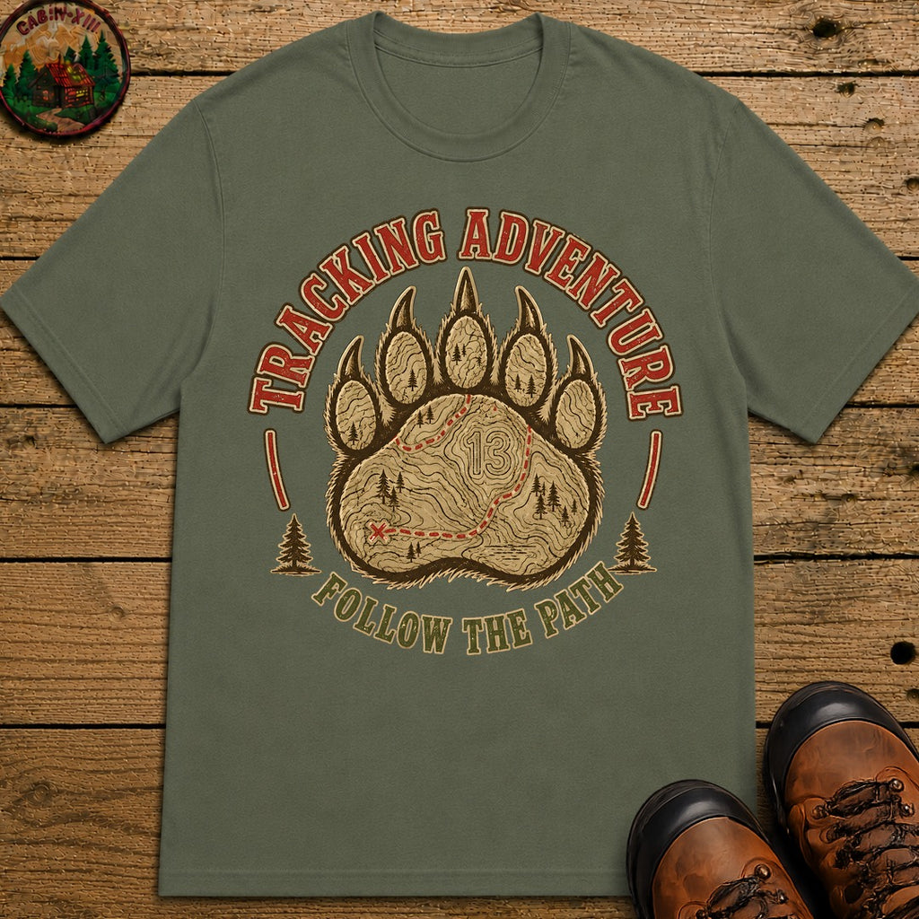 Tracking Adventure Follow the Path — Vintage Bear Paw Hiking Tee - Moss