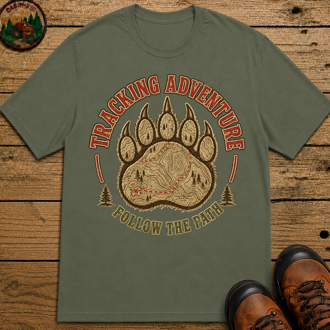 Tracking Adventure Follow the Path — Vintage Bear Paw Hiking Tee - Moss