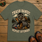 Trash Bandit Repeat Offender — Funny Raccoon Camping Tee - Moss
