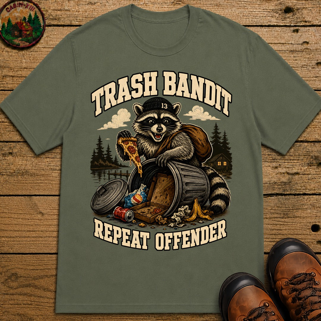 Trash Bandit Repeat Offender — Funny Raccoon Camping Tee - Moss