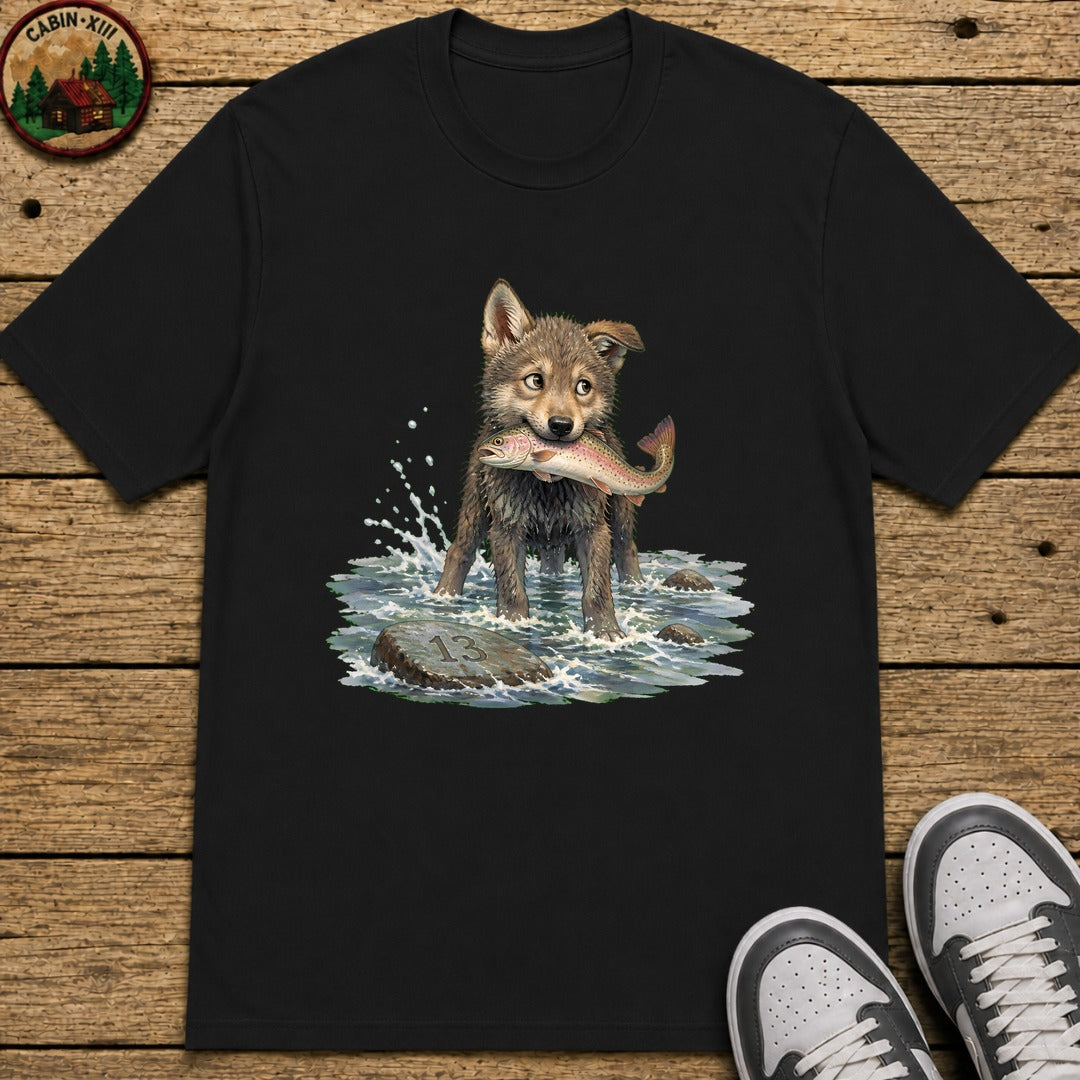 Wolf Pup Fishing Kids T-Shirt - Black