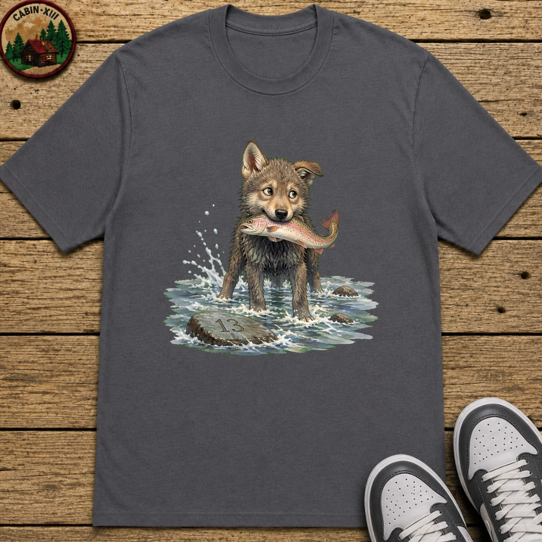 Wolf Pup Fishing Kids T-Shirt - Charcoal