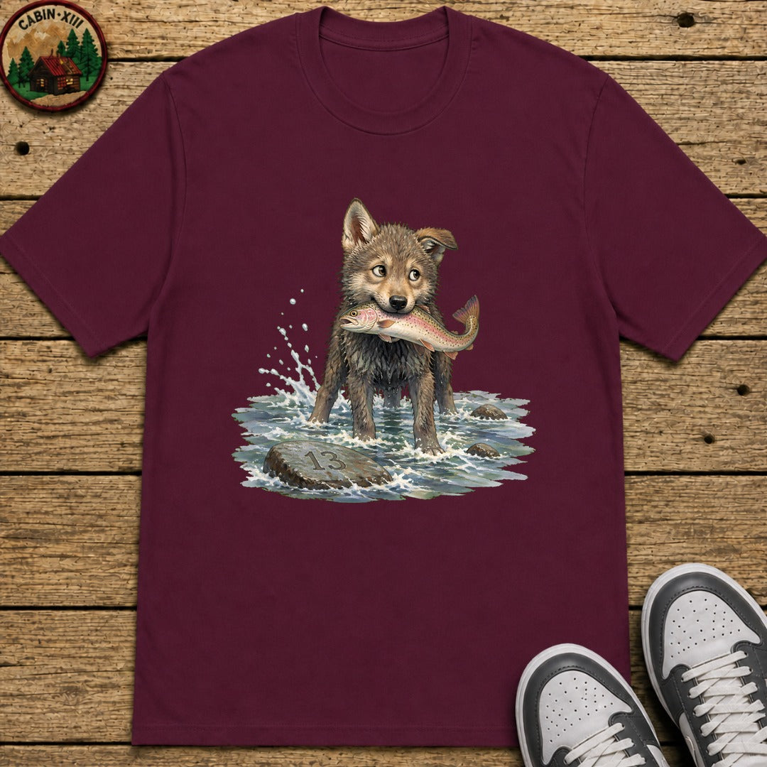 Wolf Pup Fishing Kids T-Shirt - Maroon