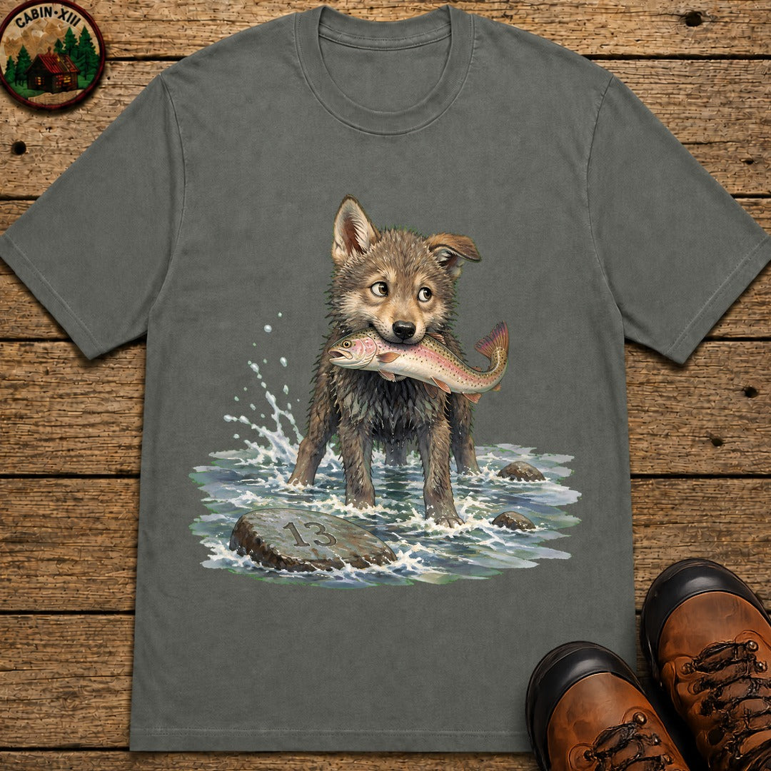 Wolf Pup Fishing T-Shirt - Pepper